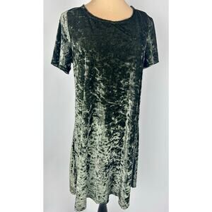 POL Size Small Olive Green Velvet Mini Shift Dress Short Sleeves Party Loose Fit